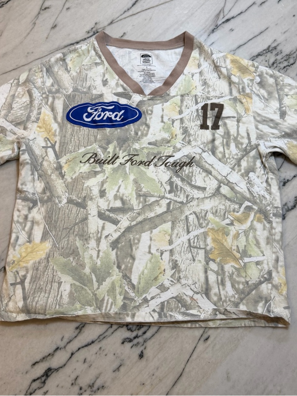 Ford 'Built Ford Tough' Women’s‎ Camo V-Neck Tee - White/Olive/Brown Size S